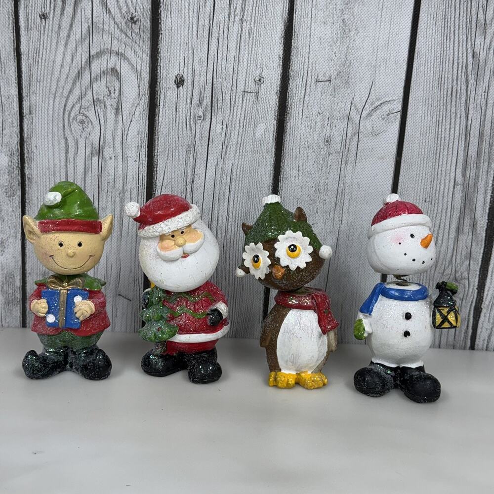 Santa Claus Snowman Elf & Owl Set Of 4 Christmas Nodding Bobble Heads 5” Tall